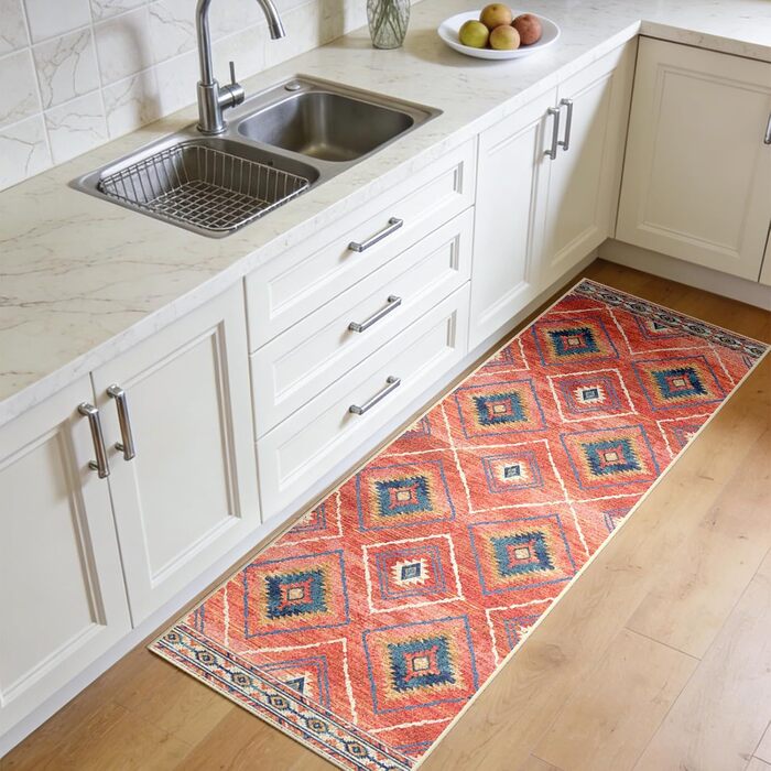 Килимок-довгий килим для коридору, кухні, з антиковзаючою основою, коротким ворсом, пральний, складаний, у стилі бохо – для коридору, кухні, вітальні та офісу, чорно-білий (60 x 240 см, червоний)
