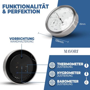 MAVORI® Weather Station Analog - 3in1 Barometer, Hygrometer & Thermometer for indoor and outdoor use - Ø 13.5cm stainless steel frame with acrylic glass in a modern design - Includes thermometer & hygrometer