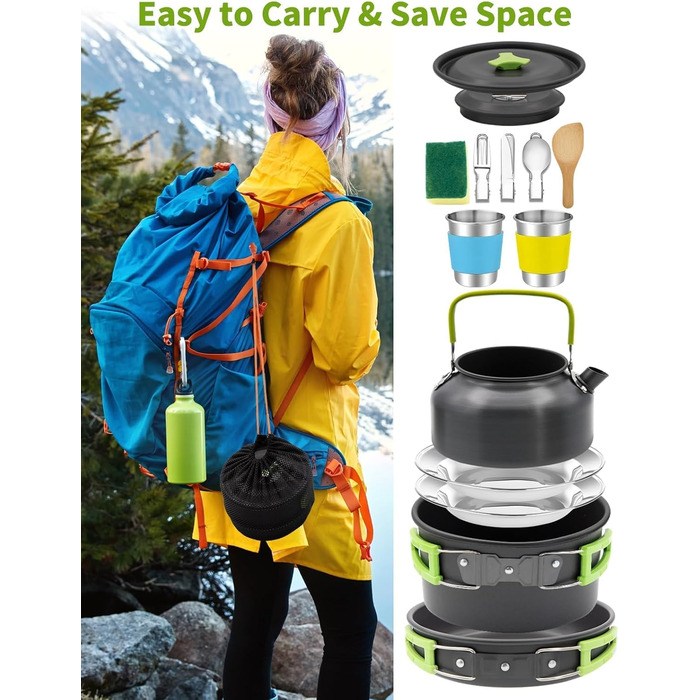 Oushome 16-Piece Camping Cookware Set for 2 People - Portable Cooking Set with Pots, Pans, Kettle, Cups, Plates - Green