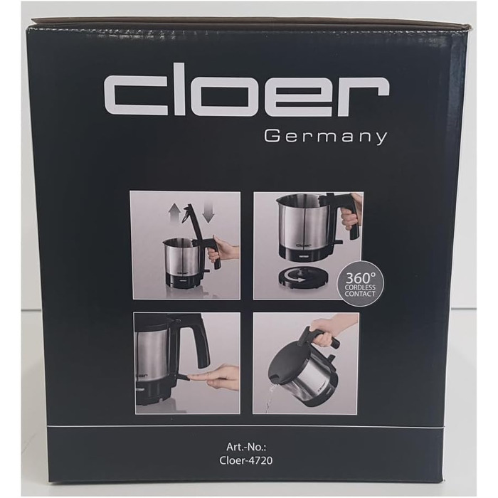 Електричний чайник Cloer 4701 із нержавіючої сталі, 1.5 л, 2200 Вт, з фільтром від накипу та захистом від перегріву (Чорний)