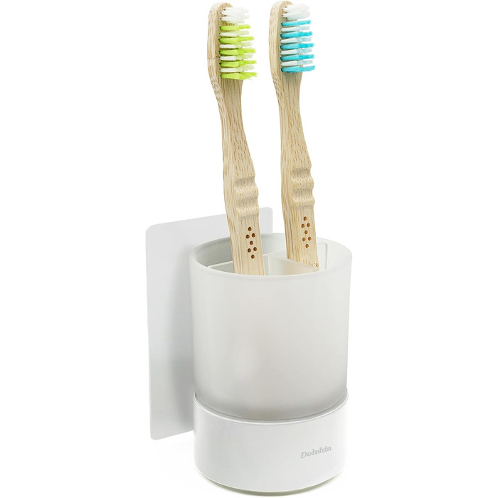 Dolvhin® Toothbrush Holder without Drilling | Frosted Glass Toothbrush Cup for Gluing | Tooth Cup & Wall Bracket Toothbrush Holder Stainless Steel | Toothbrush Cup & Toothbrush Organizer | Matte White