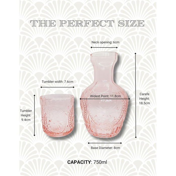 Vintage Glass Carafe with Lid & Matching Drinking Glass – 750 ml Capacity – Elegant Glass Jug for Water, Juice, or Wine – Stylish Home Decor for Kitchen or Dining Room (Pink)