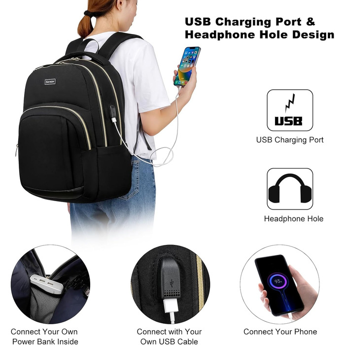 Рюкзак шкільний YIORMIOR для підлітків, чоловіків та жінок, 35L, USB-порт для зарядки, 15.6 дюймів, чорно-золотий