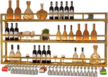 Настінна вітрина для вина з металу з підсвічуванням, 3 яруси, 100 см, чорний/золотий