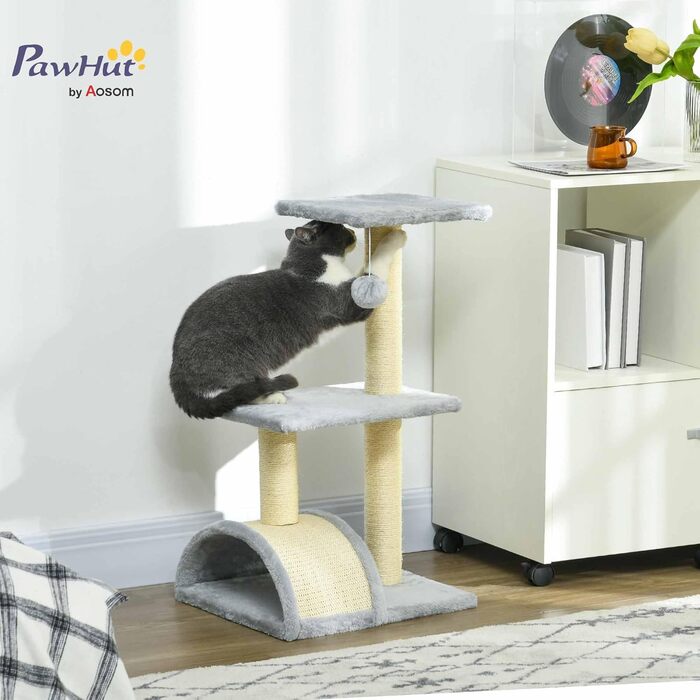 Котячий будиночок PawHut: невеликий когтетоп з 2 рівнями, іграшкою та будиночком, сірий, 40x35x72 см