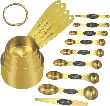 Magnetic Measuring Spoon and Cup Set of 13 for Kitchen, 8 Piece Double-Sided Magnetic Measuring Spoons with Leveler, 4 Piece Stainless Steel Measuring Cups for Measuring Liquid and Dry Ingredients