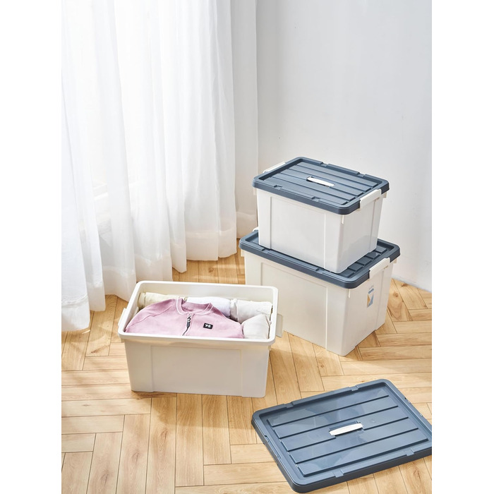 Cetomo Plastic Storage Box - Box with Durable Lid and Safety Closure, Stackable and Nestable, 3-Pack White (45L x 4)