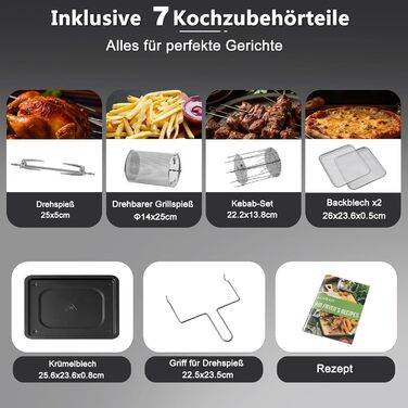 LLIVEKIT Air Fryer Hot Air Oven 12L, 1800W Mini Oven with 6 Accessories & Recipe Book, 12-in-1 Air Fryer with Digital LED Display, Fruit Dehydrator, Barbecue, Oil-Free Air Fryer 12L Black