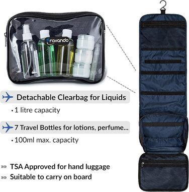 Чоловіча дорожня косметичка TRAVANDO з петлею, прозора, велика, для подорожей, вміщує рідини, морського кольору