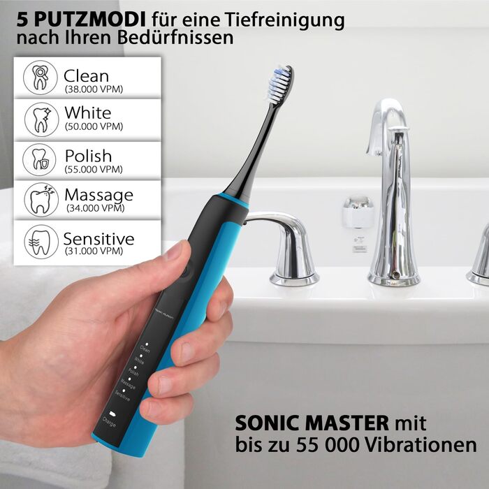 Електрична зубна щітка Tristan Auron Sonic Master (Чорний) – 55 000 VPM, 5 режимів, 60 днів роботи від акумулятора, з етиуі та 6 насадок