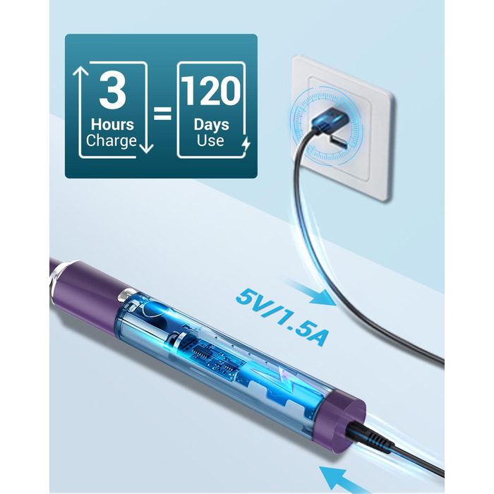 Електрична зубна щітка Coulax для дорослих та дітей, 8 насадок, 5 режимів, таймер 2 хв, темно-фіолетовий