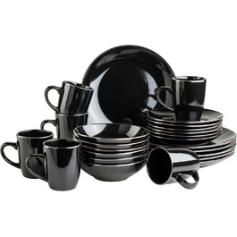 Modern Dinnerware Set for 6 People with Brass-Colored Rim, 24-Piece Combination Service with Rimless Coupe Shapes, Black 24-Piece Black