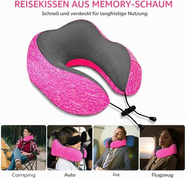 Подушка для подорожей під шию з ефектом пам'яті (Memory Foam) для літака, авто та офісу, з 3D-маскою для сну та берушами, рожева