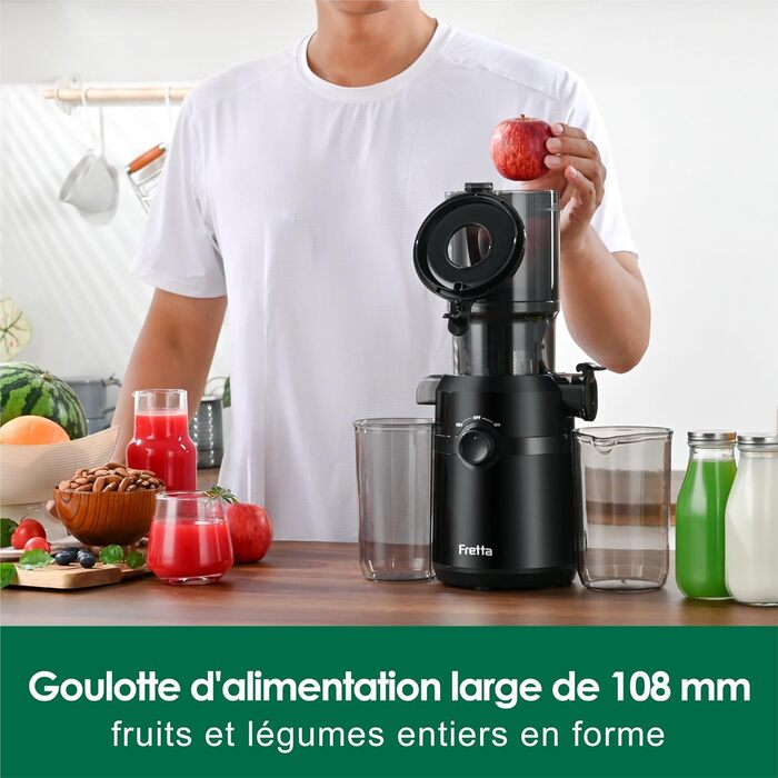 Fretta Slow Juicer with 108 mm Opening & 1L Capacity, Juicer for Vegetables and Fruits - Test Winner, 200W Electric Juice Press with Cold Press, Easy Cleaning and Quiet Motor, BPA-free (Black, 1L) 1L Black