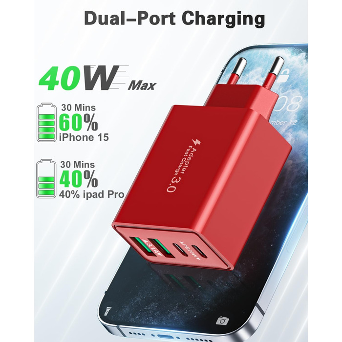 Мережевий адаптер USB C 40W з 4 портами, швидка зарядка, універсальний зарядний пристрій для iPhone, iPad, Samsung та інших телефонів (білий/червоний)