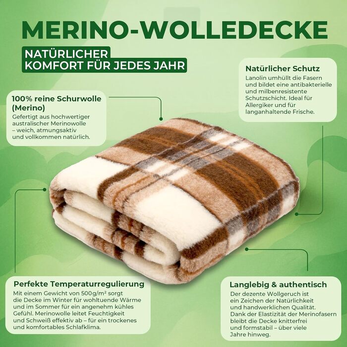 Плед з мериносової вовни, 240x200 см - теплий та м'який плед з 100% мериносової вовни, в клітинку, вага 500г/м2, дихаючий матеріал