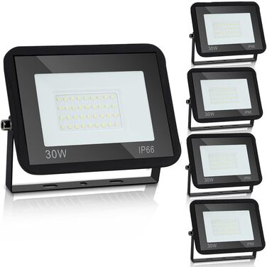IKODM Outdoor Flood Lights, Pack of 5, 30W LED Floodlights, 3000K Warm White Outdoor Lighting Floodlight, Waterproof Super Bright 2250LM Construction Lights for Outdoor Yard Garden Garage Sports Field