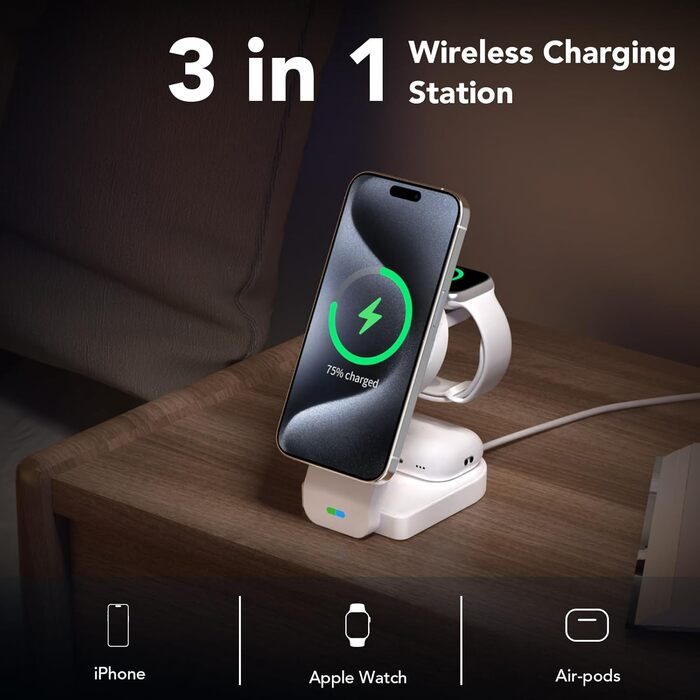 Магнітна складана бездротова зарядка 3-в-1 для Apple iPhone, iWatch, AirPods (біла)