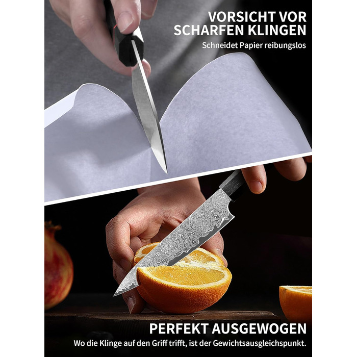 Японський ніж кухарський з дамаської сталі Plys: професійний ніж шеф-кухаря з чорним дерев'яним руків'ям, ніж для фруктів