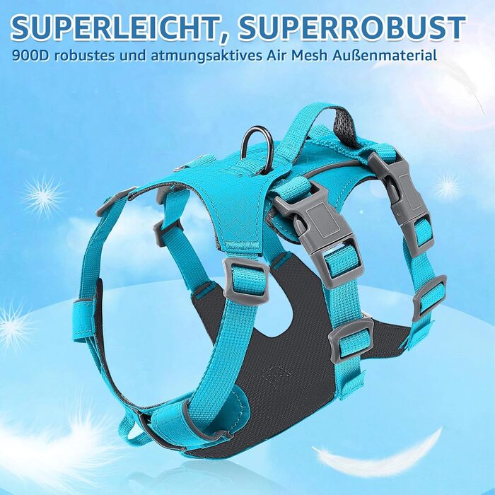 Нашийник для собак маленьких та середніх порід, не тягне, дихаючий, з ручкою, світловідбиваючий, нейлон, для прогулянок та повсякденного використання (Блакитний, L/XL)