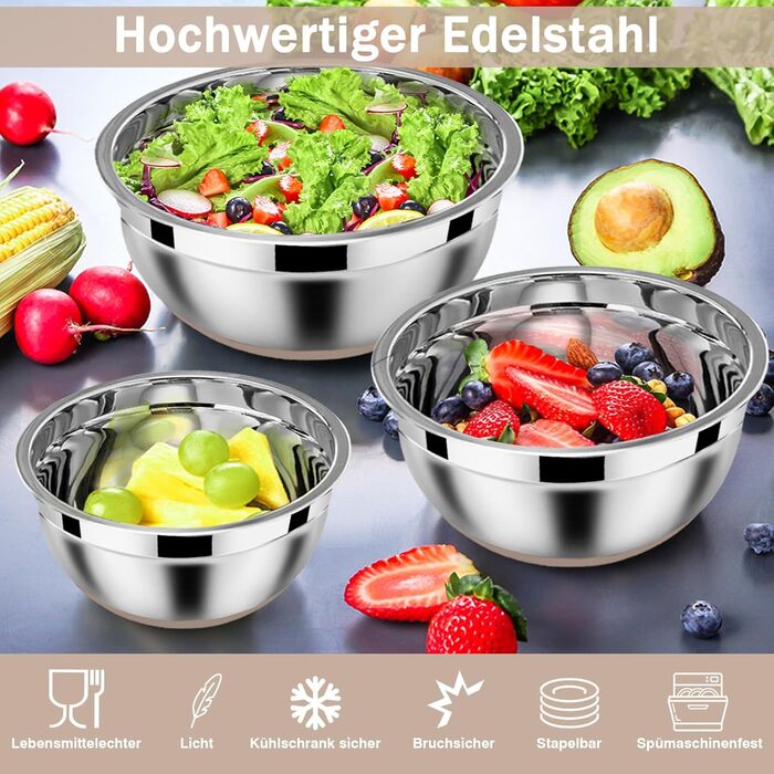 Homikit Mixing Bowl Set, Stainless Steel Bowl Salad Bowl 6-Piece Set with Airtight Lid & Khaki Silicone Bottom, Nesting, 4.6L/2.8L/2.5L/1.6L/1.2L/0.7L