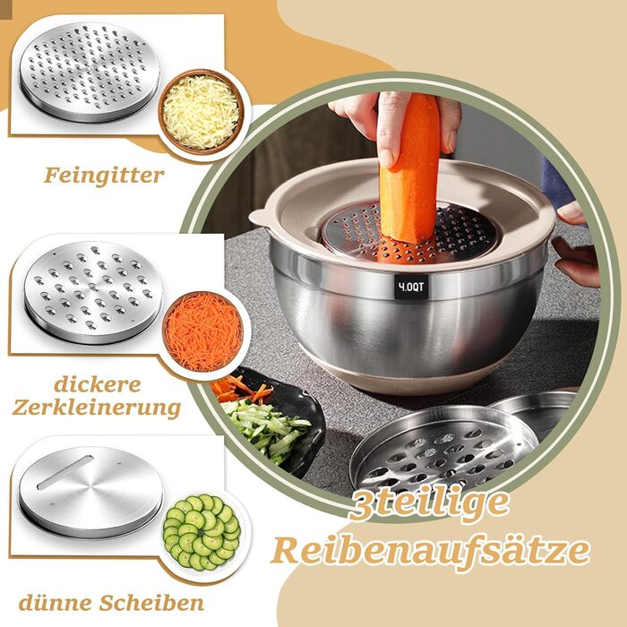 Mixing Bowl Set of 6, Stainless Steel Bowls with Airtight Lid & Silicone Bottom, 3 Grater Attachments, Bowl Set for Baking/Serving, 6.6 L/3.8 L/2.4 L/1.9 L/1.4 L/0.6 L - Khaki