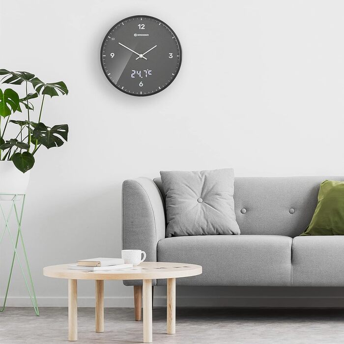 Bresser MyTime Radio-Controlled Wall Clock with Silent Movement, 24 cm Dial, LED Second Display, Indoor Temperature and Silent Radio Clock Movement, Grey