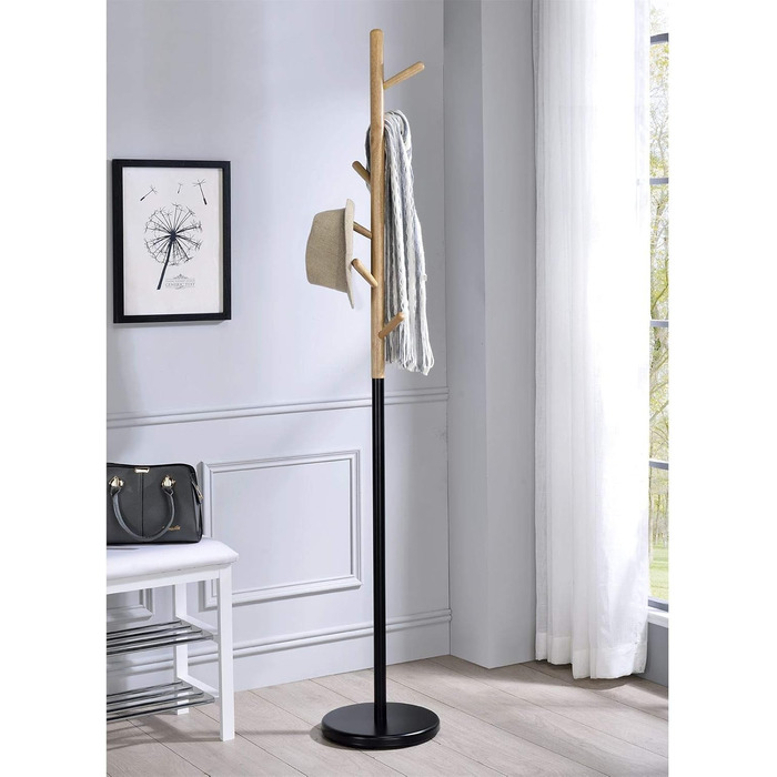 IDIMEX Clothes Rack Enrico, Elegant Standing Coat Rack with 6 Hooks, beautiful coat rack made of metal and pine wood in white/natural (black/natural)
