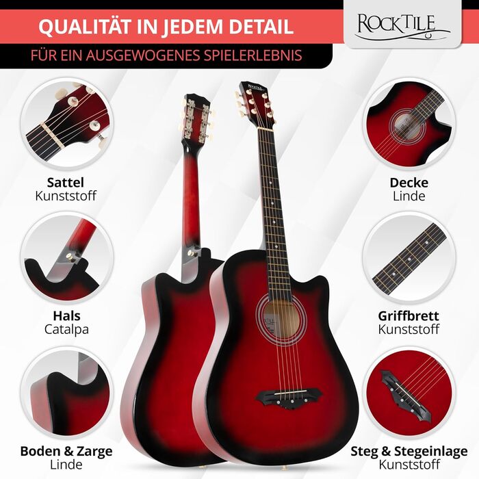 Rocktile WSD-5C-RDB: Акустична гітара Вестерн Slim Line - комплект з чохлом, струнами, ремінком та медіатором. Корпус з липи, гриф з катальпи. Колір: Redburst