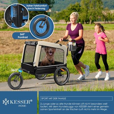 KESSER® Візок для собак Боксер 3-в-1: візок, буксир для велосипеда та лежак. Великий об'єм 240 літрів, амортизація, поворотне переднє колесо 360°, матеріал 600D Oxford Canvas, SmartSpace, вантажопідйомність 40 кг, зелений