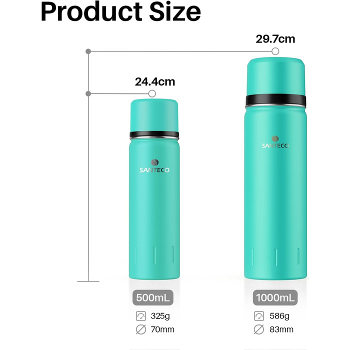 Термос-термокана Santeco з нержавіючої сталі, 1л, 500мл, з антивитіканням, ізольована пляшка з кришкою-чашкою для подорожей, термос для кави та чаю для дітей, спорту, без BPA, 24 години холод & 12 годин гарячий (зелений джунглів, 1000 мл)