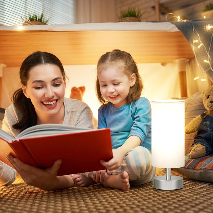 Нічна лампа Kakanuo з 3 колірними температурами, біла торшер з вимикачем, льняний абажур, маленька лампа для вітальні, спальні, офісу, дитячої кімнати (LED лампа в комплекті), біло-чорний колір (білий+срібний)