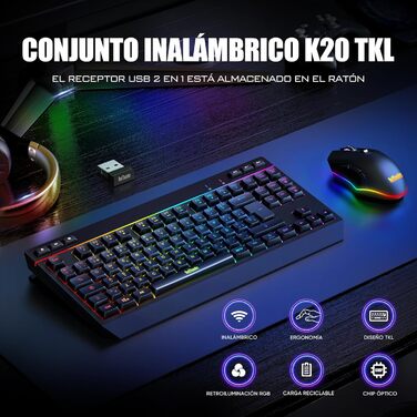 RedThunder K20 TKL Бездротова ігрова клавіатура, RGB-підсвічування, акумулятор, QWERTY ES-клавіатура, 6 мультимедійних клавіш, USB для PC/Mac