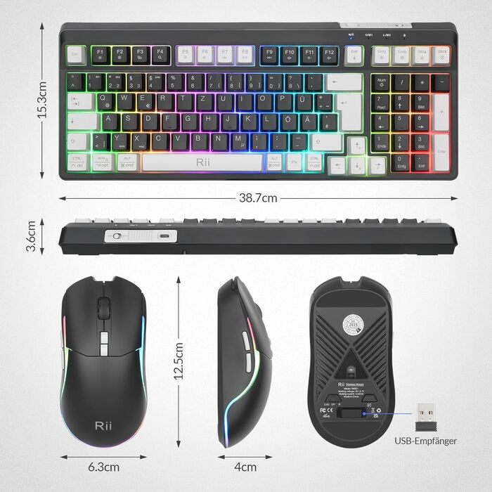 Бездротовий ігровий комплект клавіатури та миші Rii: Bluetooth + 2.4GHz, LED-підсвітка, QWERTZ
