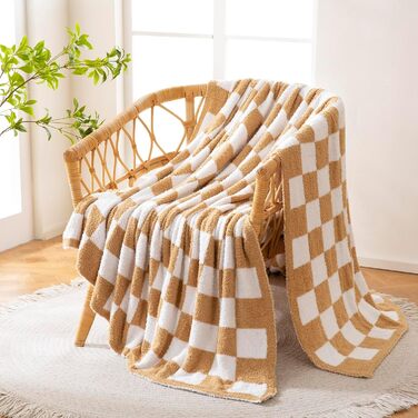 Плед YIRUIO з шаховим принтом, Queen/King Size, 203 x 228 см, мікрофібра, burnt orange