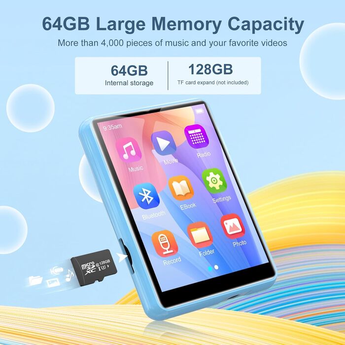 MP3-плеєр 64GB Bluetooth 5.3 з сенсорним екраном 2.4' для дітей, FM-радіо, запис голосу, Line-In (Чорний, Синій)