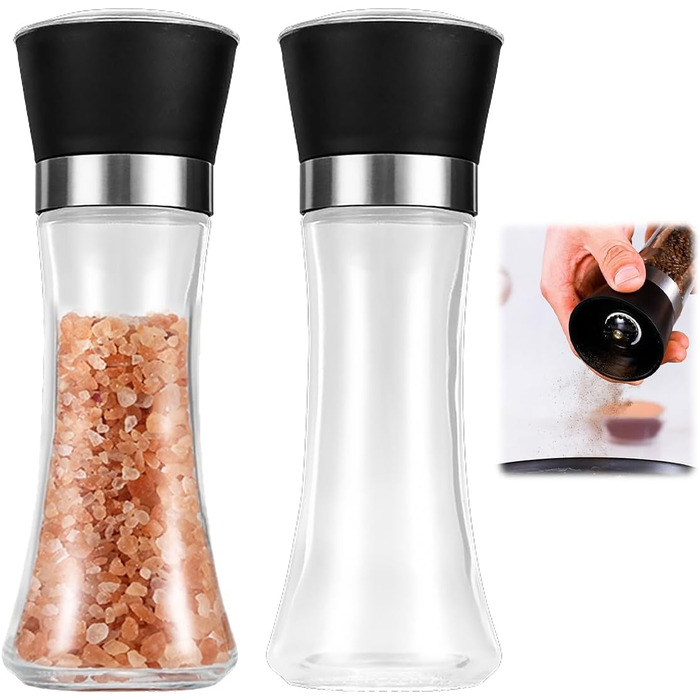 Набір з 2 шт. мельниць для перцю та солі, регульована ступінь помелу, керамічний механізм, прозоре скло та нержавіюча сталь, підходить для перцю, солі та чилі