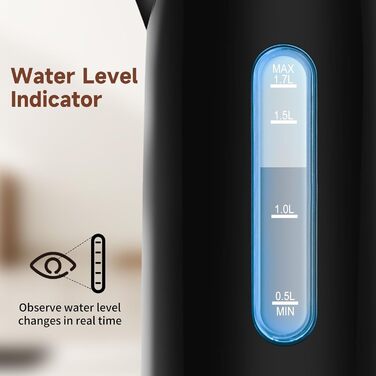 Електричний чайник Aigostar з нержавіючої сталі, чорний, 1.7 л, 2200 Вт - Швидкий кип'ятіння, подвійні стінки, без пластику, індикатор рівня води, автовимкнення, BPA-free, для кухні та офісу