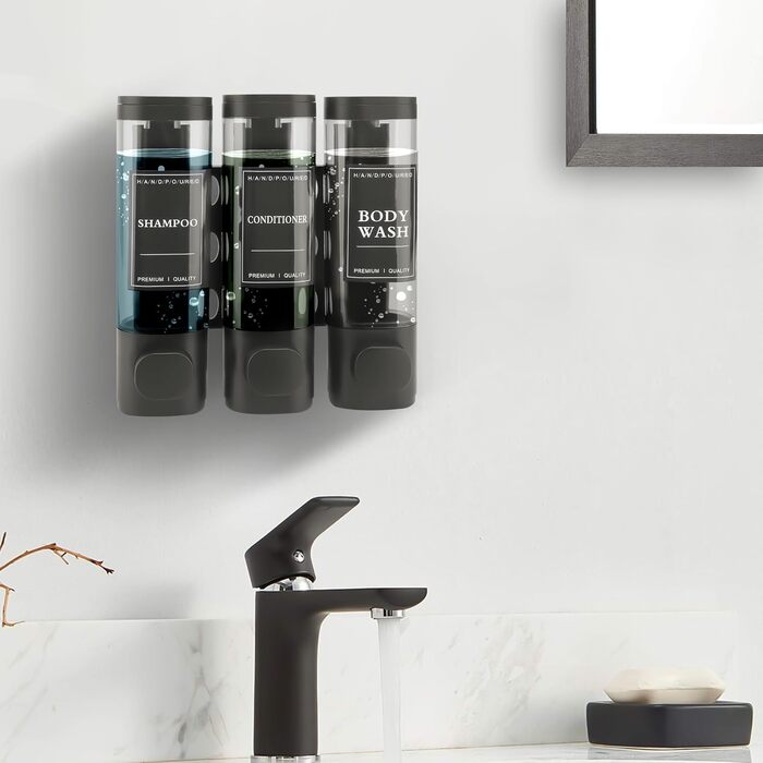 Настінний диспенсер для мила, шампуню та гелю для душу на 3 камери, 300 мл, сірий (ABS)