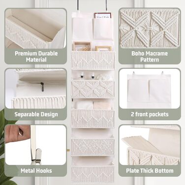 Організатор для дверей з 4 кишенями, Бохо декор, Настінна полиця-організатор з 2 гачками, Складаний настінний органайзер для спальні, дитячої кімнати, ванної (5 кишень-слонова кістка)