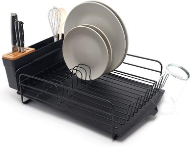 Premium Dish Drying Rack – Drying Rack for Plates with Cutlery Holder and Catch Basin – Black Powder-Coated Steel