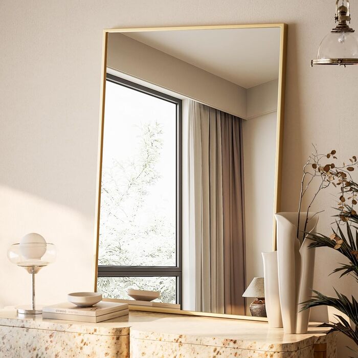 Дзеркало настінне прямокутне Beautypeak 81x61 см з металевим каркасом, безпечне для ванної кімнати, спальні, вітальні, золотий колір