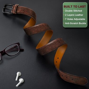 Чоловічі шкіряні ремені BULLIANT (2 шт.): 7 отворів, ширина 35 мм, регульована довжина 110 см, чорний/темно-коричневий