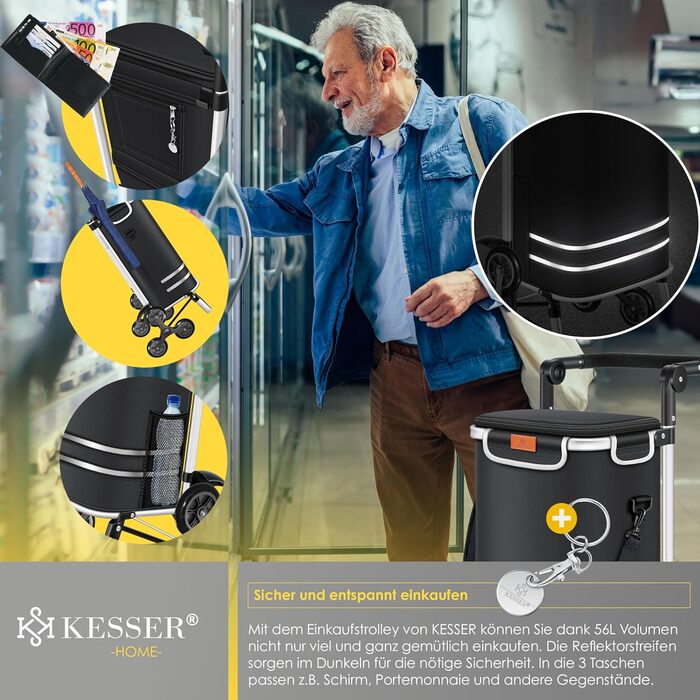 KESSER® Тележка для покупок зі сходами, з термосумкою, 56л, до 50кг | 3в1: тележка, візок, сумка через плече | Чорний