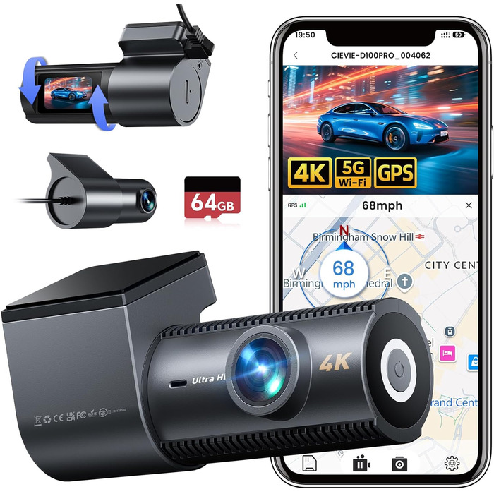 CIEVIE Автомобільна відеореєстратор 4K з GPS, WiFi, Dual, IPS 1.5″, 64GB SD, 170° та G-Sensor, WDR, Нічне бачення, Loop-запис, підтримка до 256GB