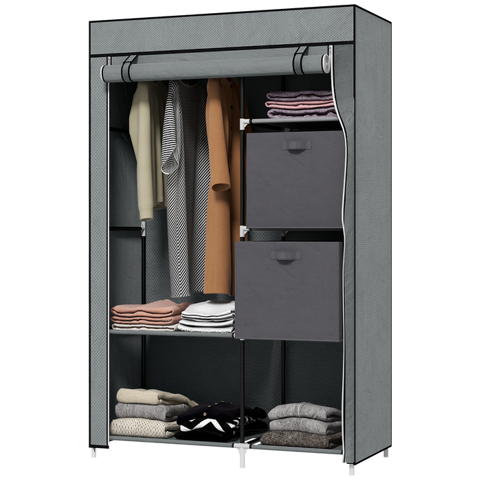 HOMCOM Fabric Wardrobe Folding Closet with Drawers and Clothes Rail Dark Grey with Zippered Non-Woven Fabric for Space-Saving Storage