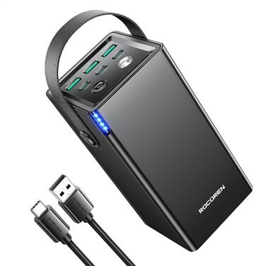 Power Bank Rocoren 50000mAh з 6 портами USB (USB-C та USB-A) для кемпінгу та подорожей. Швидка зарядка 67.5W. Сумісний з iPhone, iPad, планшетами. Чорний