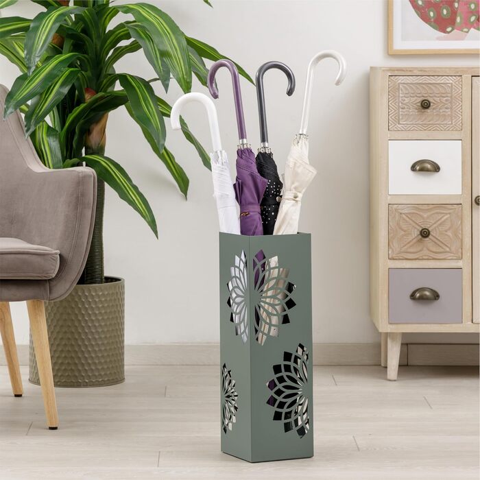 Підставка для парасольки Baroni Home з сучасним дизайном, металева з мандалою, 2 гачки та знімна ємність для збору води, 16 x 16 x 49 см, зелена