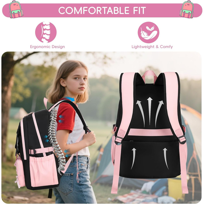 Шкільний рюкзак Tanou для дівчаток-підлітків, великий, зручний, водонепроникний, стильний, з ручкою-телескопом (рожевий)