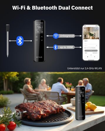 Термометр для гриля та духовки BFOUR WiFi Bluetooth з 6 датчиками, IP67, 2600mAh, керування через додаток